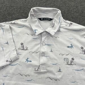 Travis Mathew Warp Drive Polo Shirt Mens L Golf Stretch Performance Cactus FLAWS